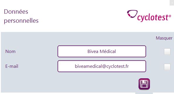 cyclotest mySoftware : écran de saisie "Données personnelles".