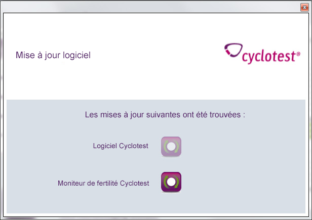 mySoftware : fenêtre pop-up "Mise à jour du logiciel". Vous pouvez choisir ici si la mise à jour doit être effectuée pour le logiciel cyclotest ou pour le compteur de cycles cyclotest.