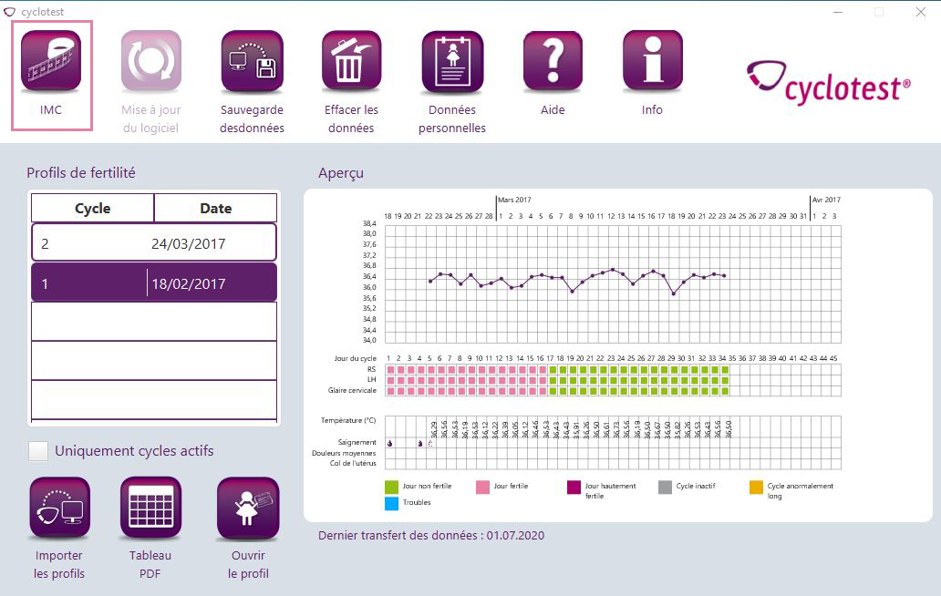 cyclotest mySoftware : bouton "IMC" (indice de masse corporelle)